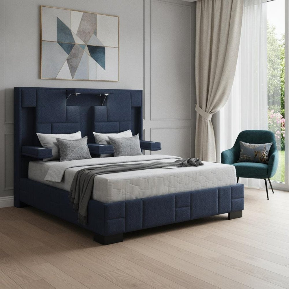 Navy Blue And Upholstered Lighted Queen Bed Frame with USB HomeRoots