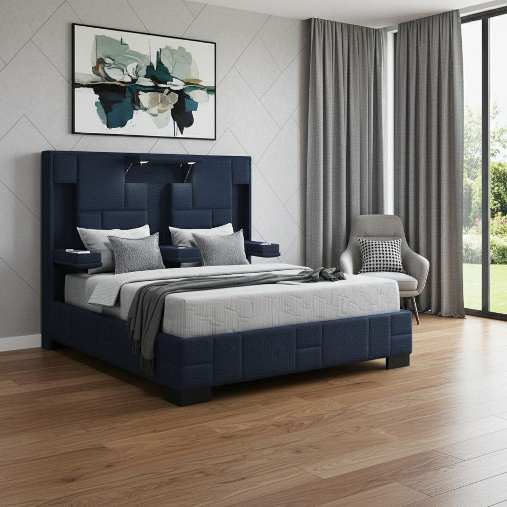 Navy Blue And Upholstered Lighted Queen Bed Frame with USB HomeRoots