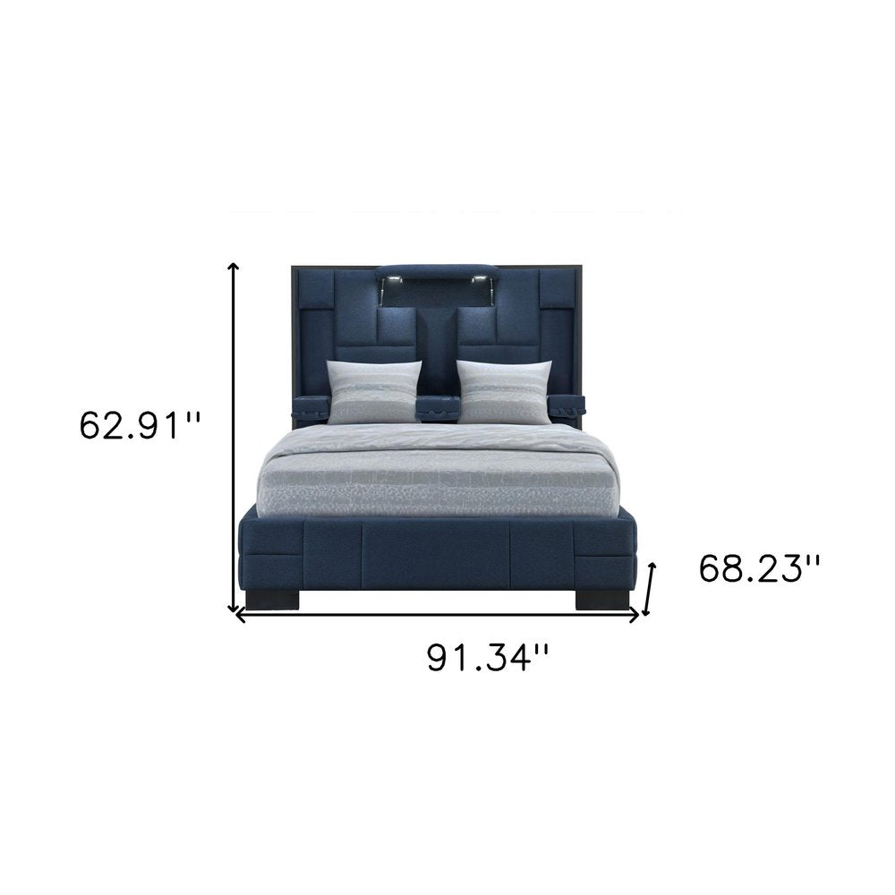 Navy Blue And Upholstered Lighted Queen Bed Frame with USB HomeRoots