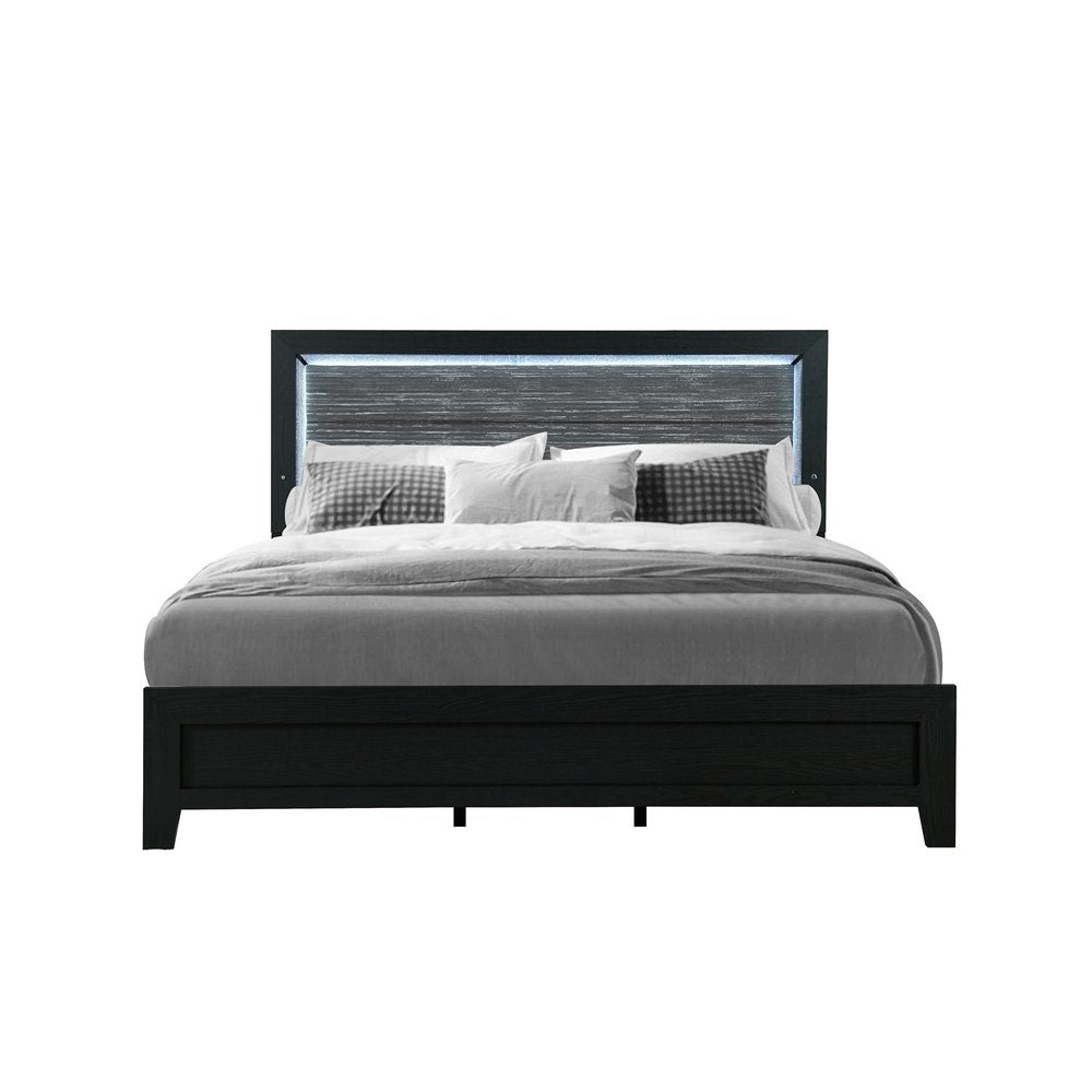 Black and Ash Gray Wood And Upholstery Lighted Upholstered Full Bed Frame HomeRoots