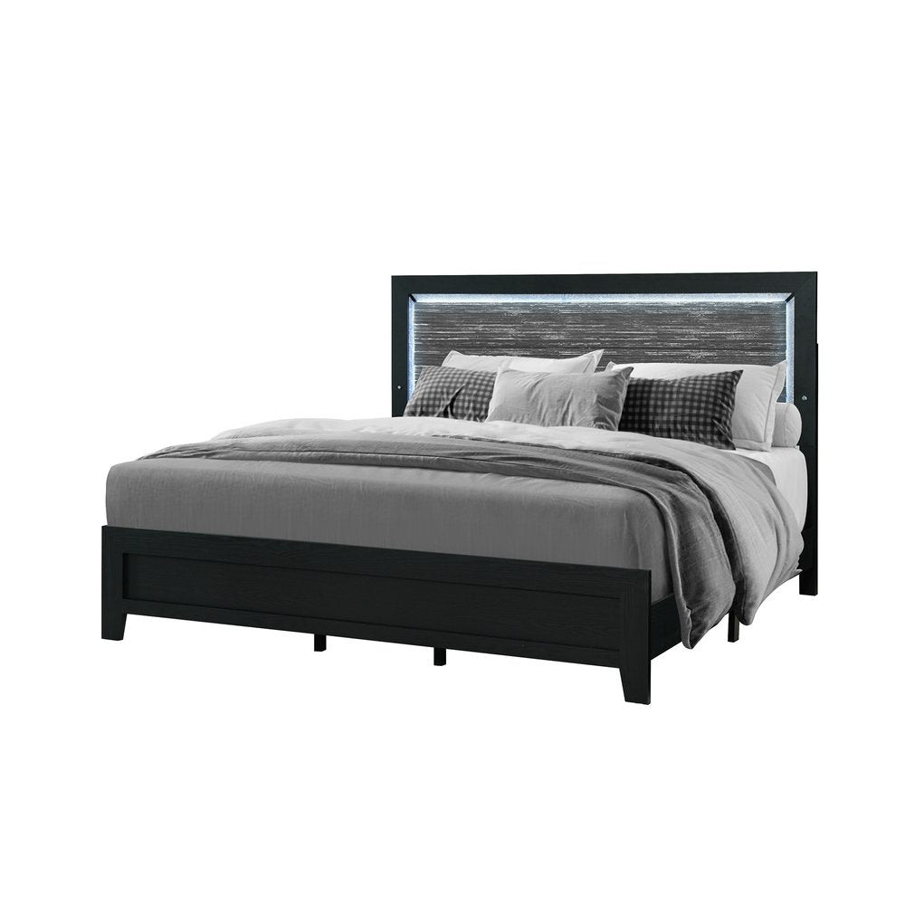 Black and Ash Gray Wood And Upholstery Lighted Upholstered Full Bed Frame HomeRoots
