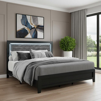 Black and Ash Gray Wood And Upholstery Lighted Upholstered Full Bed Frame HomeRoots