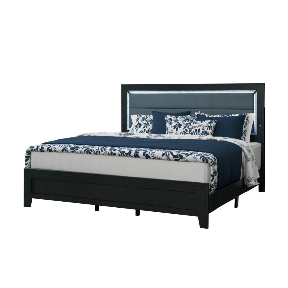Black and Gray Wood And Velvet Lighted King Bed Frame HomeRoots