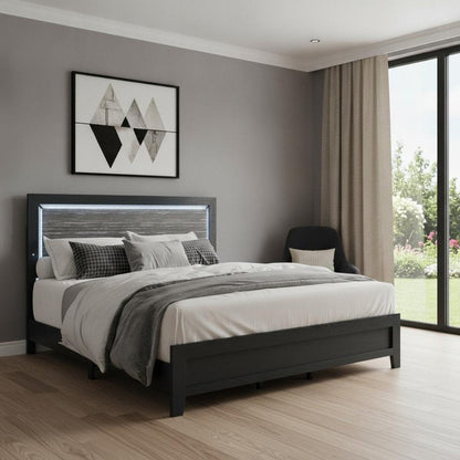 Black and Gray Wood And Velvet Lighted King Bed Frame HomeRoots