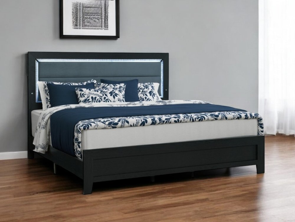 Black and Gray Wood And Velvet Lighted King Bed Frame HomeRoots