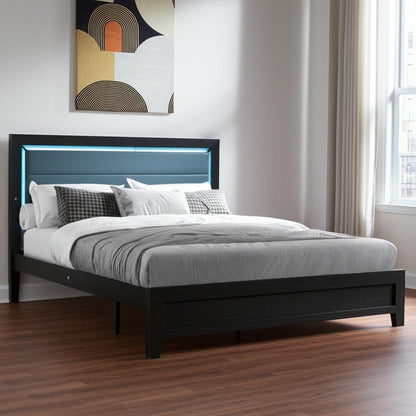 Black and Ash Gray Wood And Upholstery Lighted Upholstered Queen Bed Frame HomeRoots