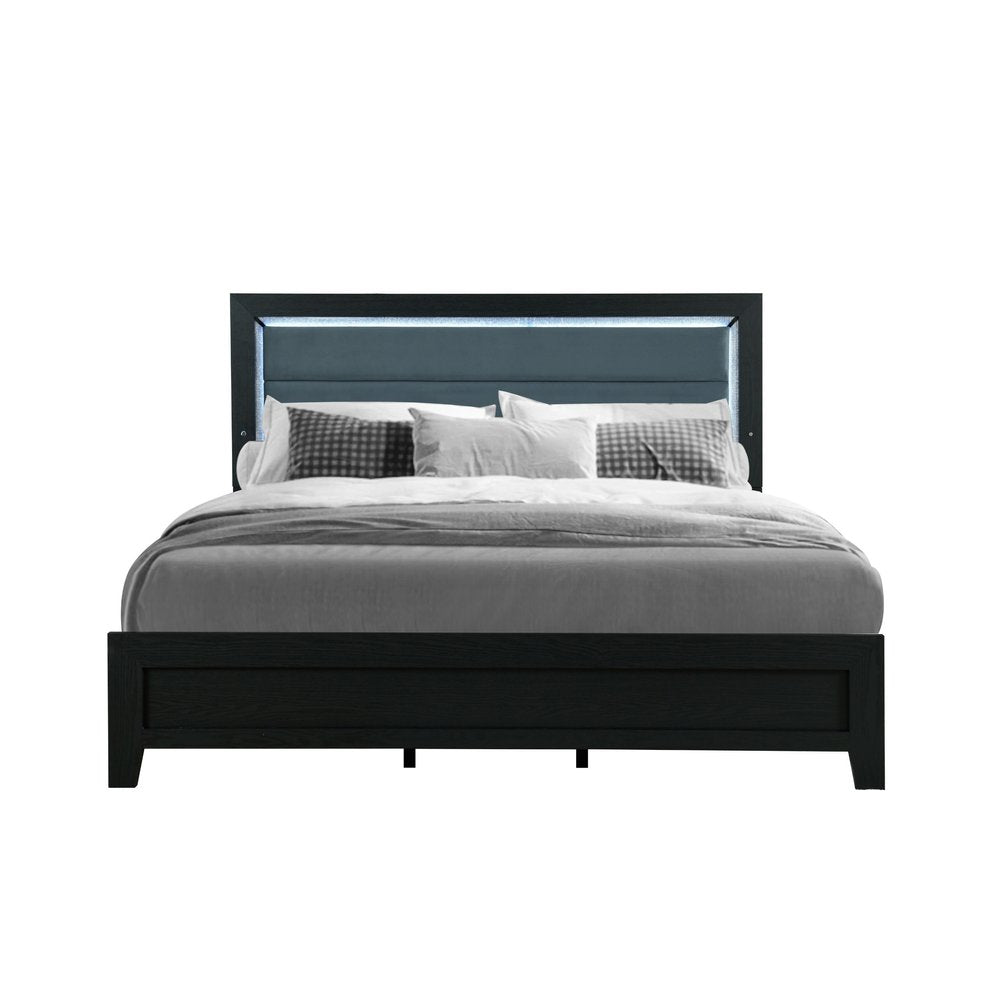 Black and Ash Gray Wood And Upholstery Lighted Upholstered Queen Bed Frame HomeRoots