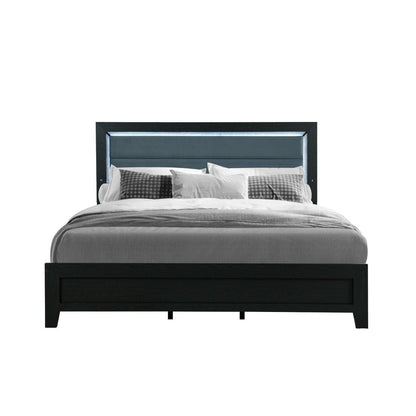 Black and Ash Gray Wood And Upholstery Lighted Upholstered Queen Bed Frame HomeRoots