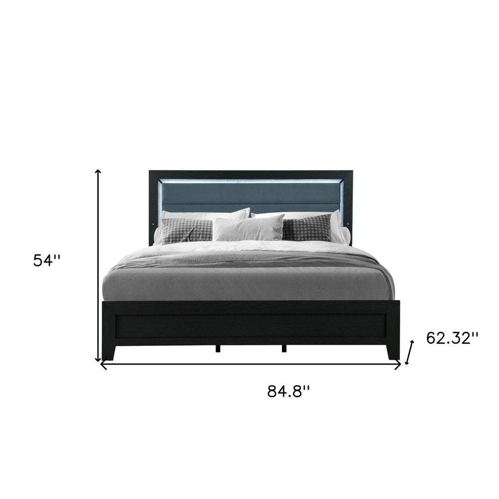 Black and Ash Gray Wood And Upholstery Lighted Upholstered Queen Bed Frame HomeRoots