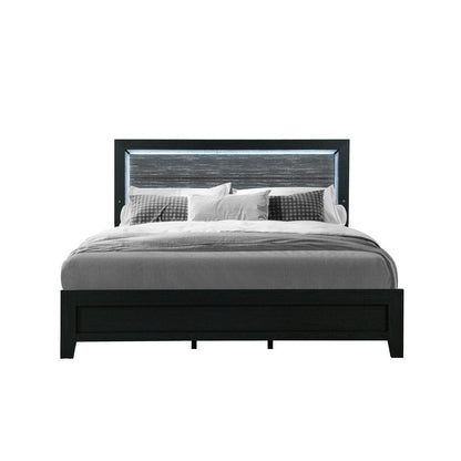 Black and Ash Gray Wood And Upholstery Lighted Upholstered Queen Bed Frame HomeRoots