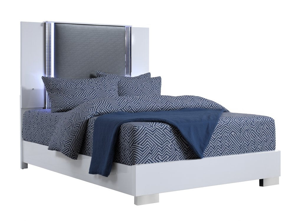 White and Gray Wood And Faux Leather Lighted King Bed Frame HomeRoots