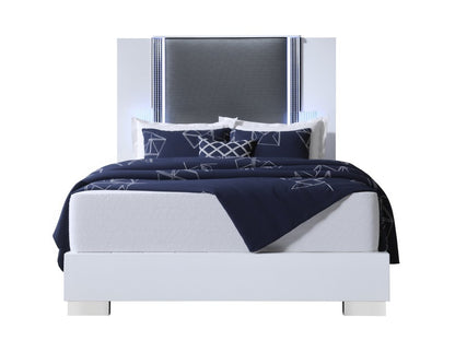 White and Gray Wood And Faux Leather Lighted King Bed Frame HomeRoots