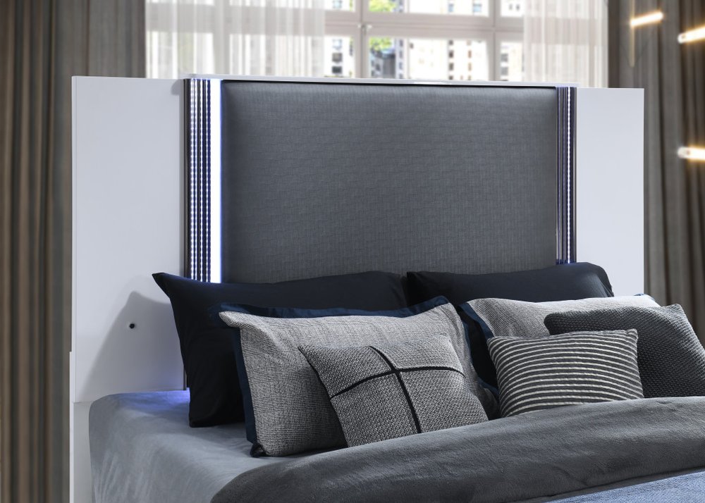 White and Gray Wood And Faux Leather Lighted King Bed Frame HomeRoots