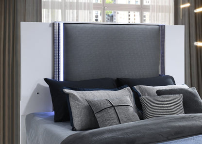 White and Gray Wood And Faux Leather Lighted King Bed Frame HomeRoots
