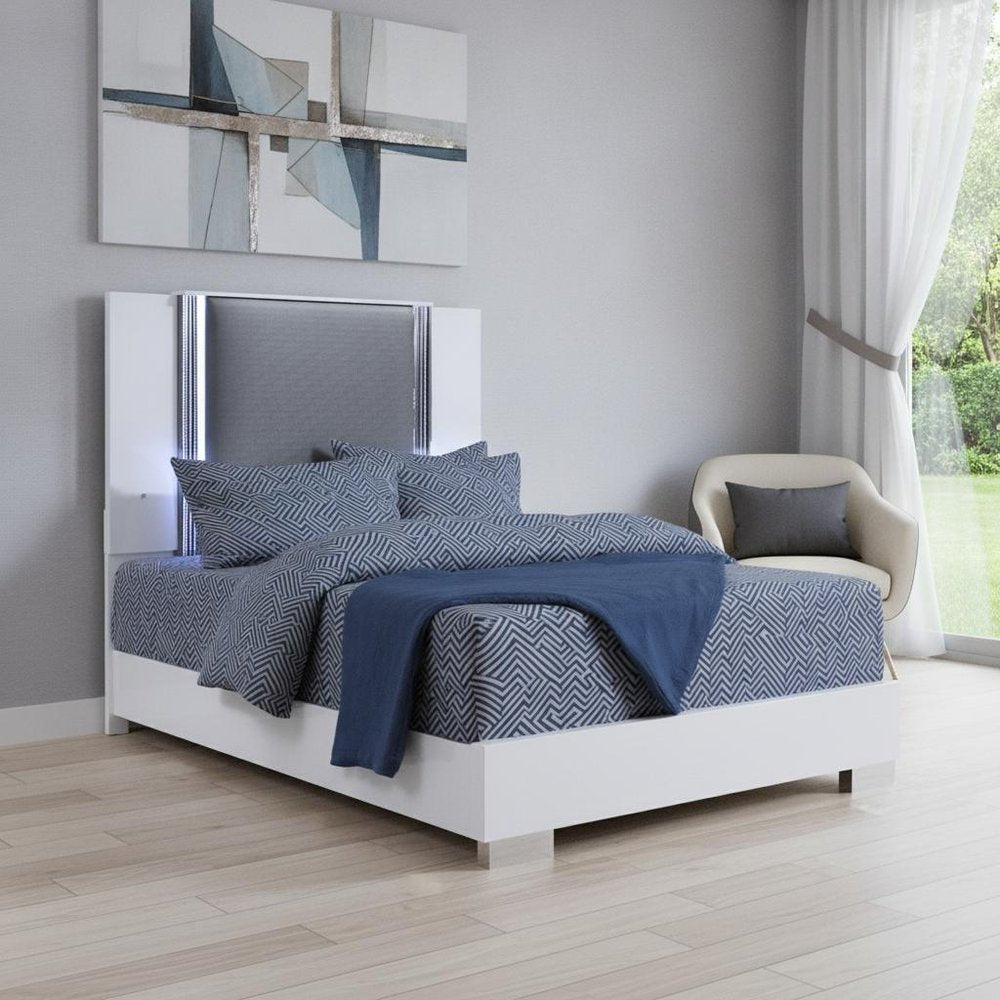 White and Gray Wood And Faux Leather Lighted King Bed Frame HomeRoots