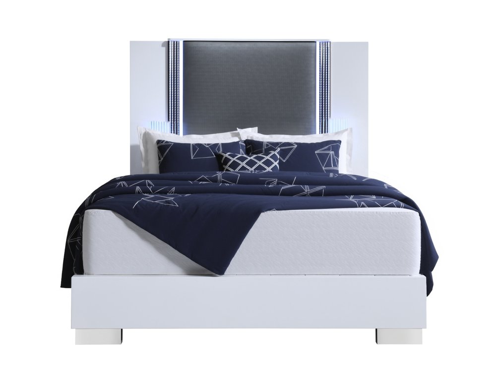 White and Gray Wood And Faux Leather Lighted King Bed Frame HomeRoots