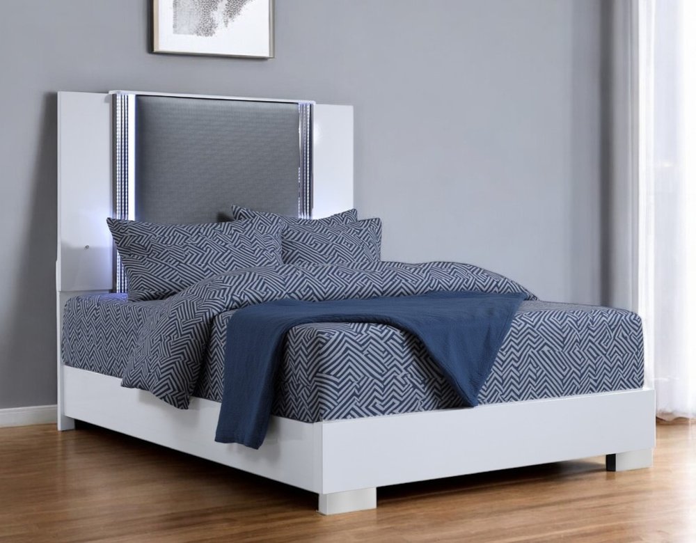 White and Gray Wood And Faux Leather Lighted Queen Bed Frame HomeRoots