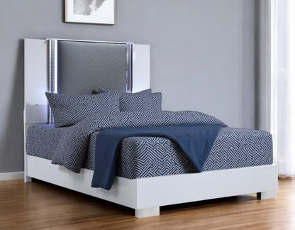White and Gray Wood And Faux Leather Lighted Queen Bed Frame HomeRoots