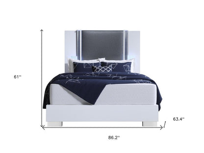 White and Gray Wood And Faux Leather Lighted Queen Bed Frame HomeRoots