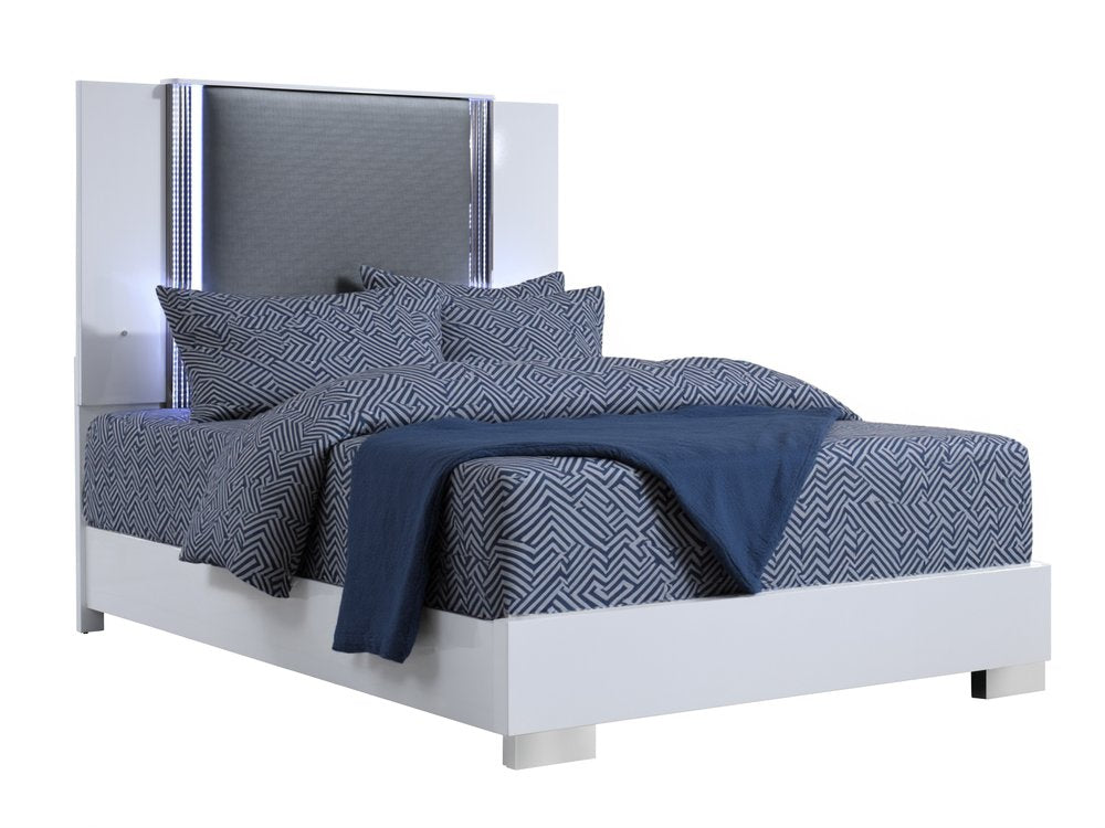 White and Gray Wood And Faux Leather Lighted Queen Bed Frame HomeRoots
