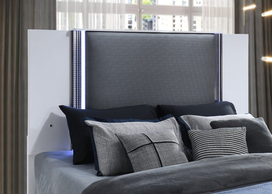 White and Gray Wood And Faux Leather Lighted Queen Bed Frame HomeRoots