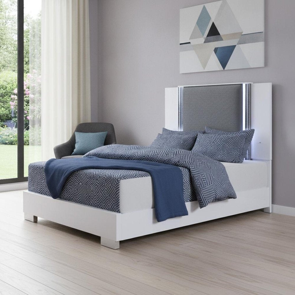 White and Gray Wood And Faux Leather Lighted Queen Bed Frame HomeRoots