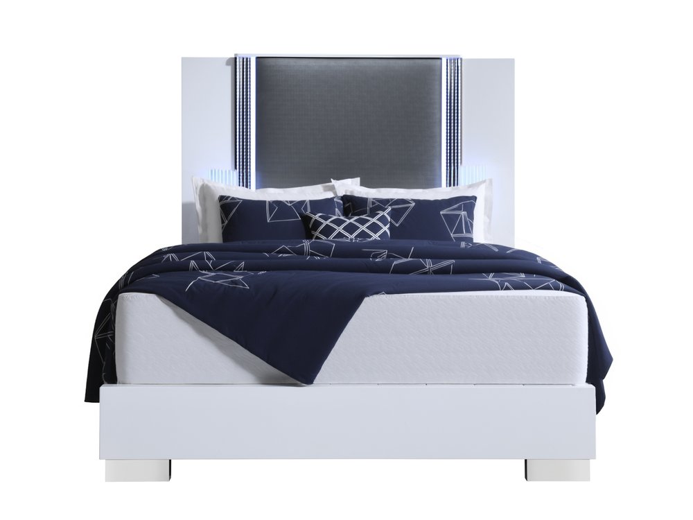 White and Gray Wood And Faux Leather Lighted Queen Bed Frame HomeRoots