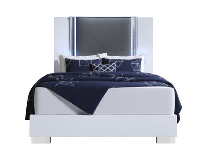 White and Gray Wood And Faux Leather Lighted Queen Bed Frame HomeRoots