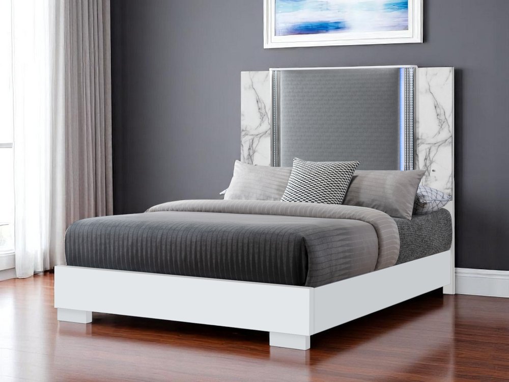 White and Gray Faux Marble And Upholstery Lighted Queen Bed Frame HomeRoots