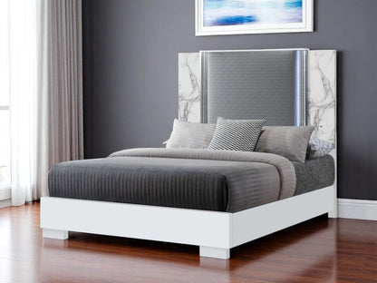 White and Gray Faux Marble And Upholstery Lighted Queen Bed Frame HomeRoots