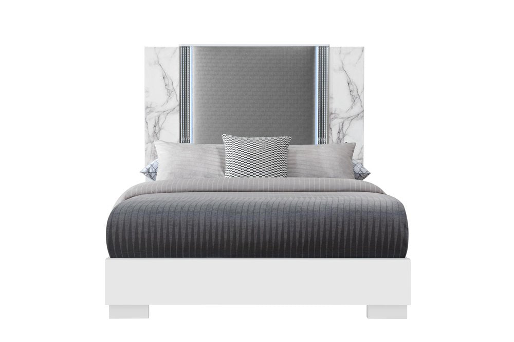 White and Gray Faux Marble And Upholstery Lighted Queen Bed Frame HomeRoots