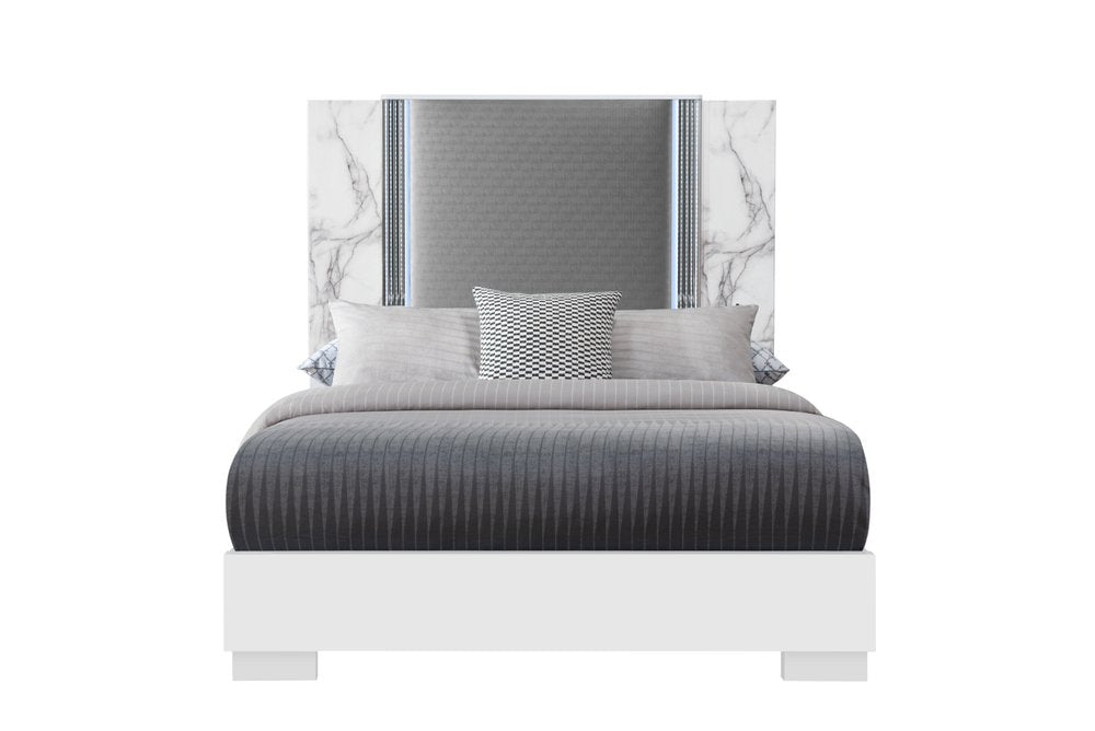 White and Gray Faux Marble And Upholstery Lighted Queen Bed Frame HomeRoots
