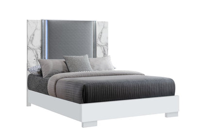 White and Gray Faux Marble And Upholstery Lighted Queen Bed Frame HomeRoots