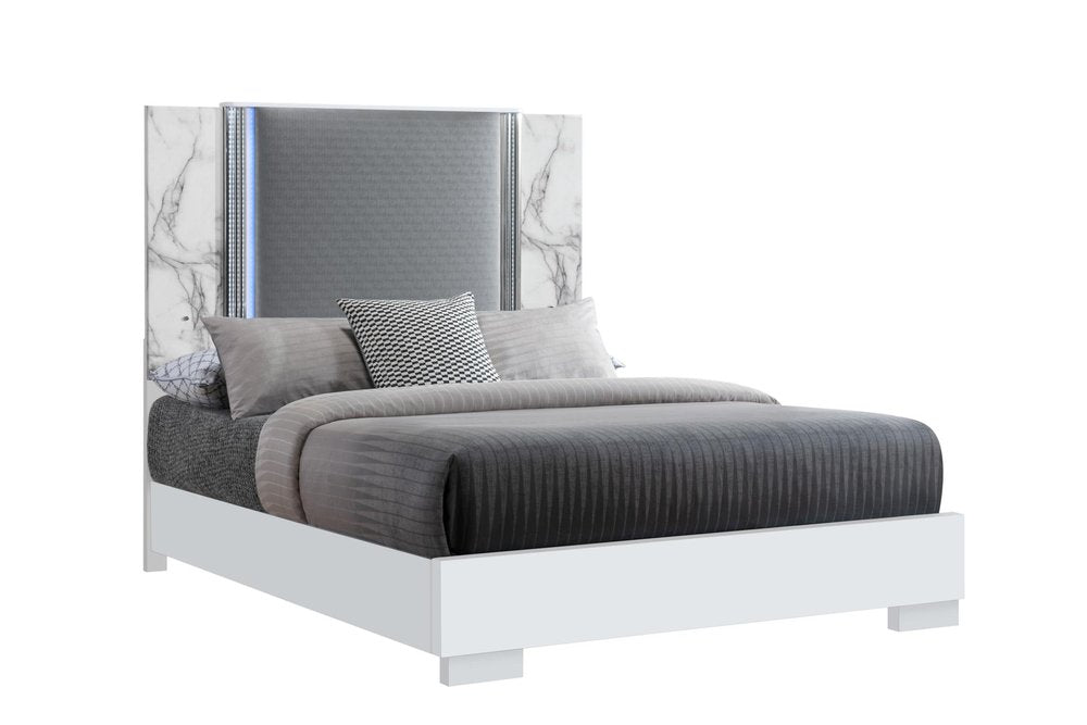 White and Gray Faux Marble And Upholstery Lighted Queen Bed Frame HomeRoots