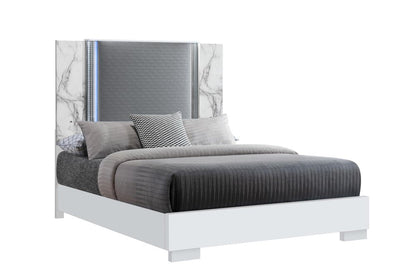 White and Gray Faux Marble And Upholstery Lighted Queen Bed Frame HomeRoots