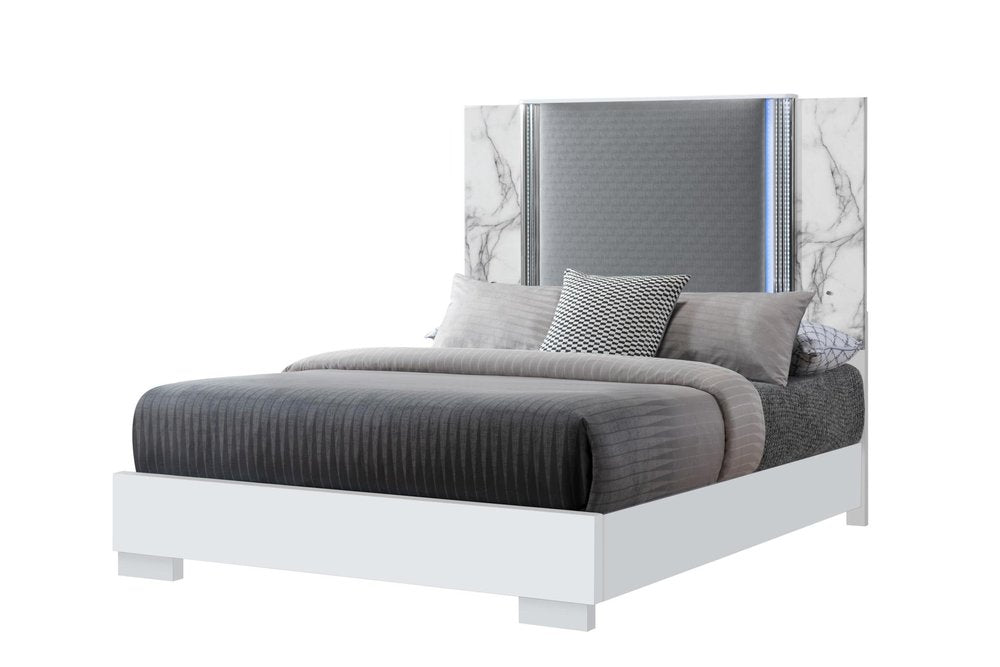White and Gray Faux Marble And Upholstery Lighted Queen Bed Frame HomeRoots