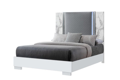 White and Gray Faux Marble And Upholstery Lighted Queen Bed Frame HomeRoots