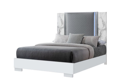 White and Gray Faux Marble And Upholstery Lighted Queen Bed Frame HomeRoots