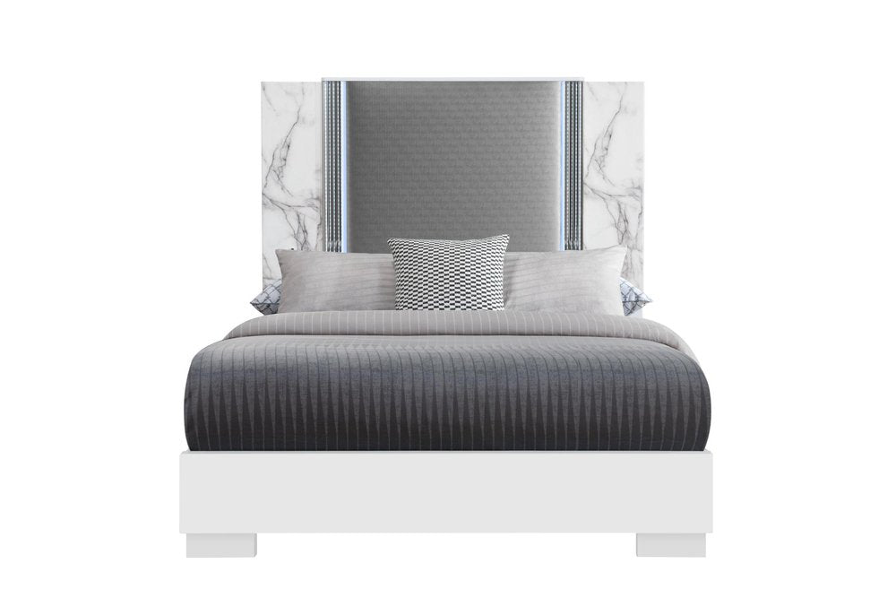 White and Gray Faux Marble And Upholstery Lighted Queen Bed Frame HomeRoots