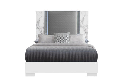 White and Gray Faux Marble And Upholstery Lighted Queen Bed Frame HomeRoots