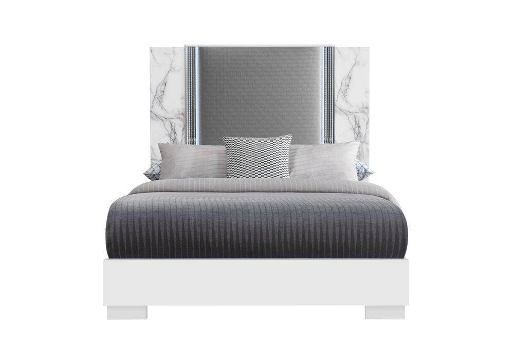 White and Gray Faux Marble And Upholstery Lighted Queen Bed Frame HomeRoots