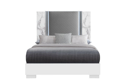 White and Gray Faux Marble And Upholstery Lighted Queen Bed Frame HomeRoots