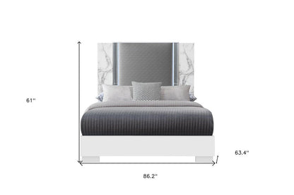 White and Gray Faux Marble And Upholstery Lighted Queen Bed Frame HomeRoots