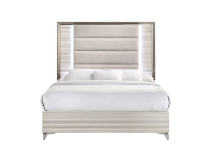 Beige White And Chrome Wood Upholstered Lighted Queen Bed Frame HomeRoots
