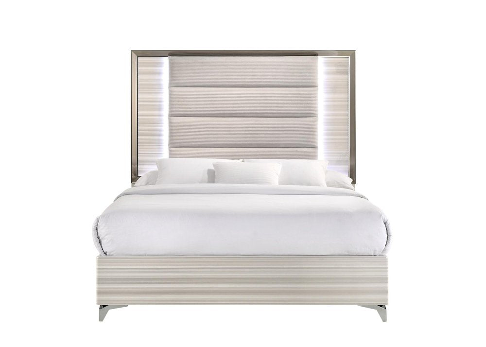 Beige White And Chrome Wood Upholstered Lighted Queen Bed Frame HomeRoots