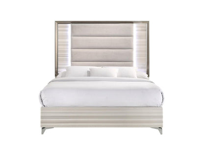 Beige White And Chrome Wood Upholstered Lighted Queen Bed Frame HomeRoots