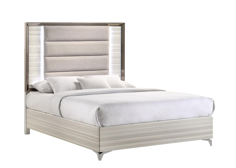 Beige White And Chrome Wood Upholstered Lighted Queen Bed Frame HomeRoots