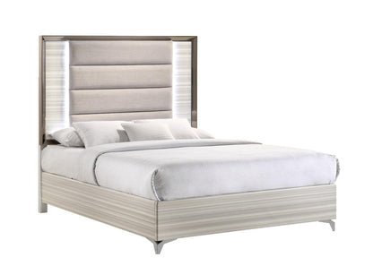Beige White And Chrome Wood Upholstered Lighted Queen Bed Frame HomeRoots