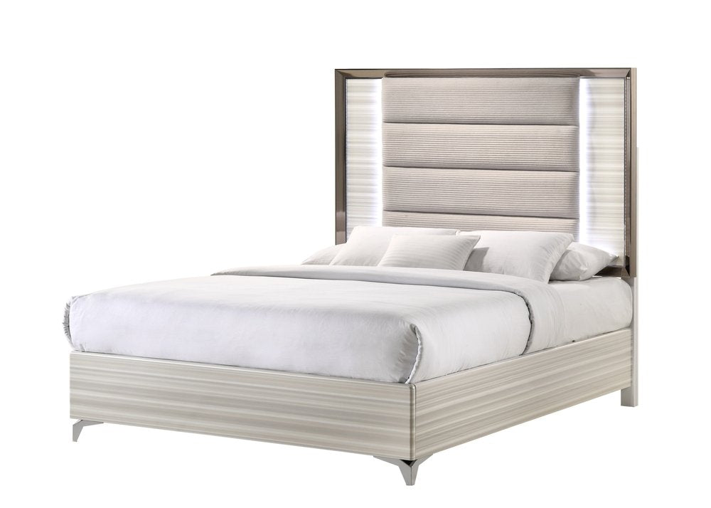 Beige White And Chrome Wood Upholstered Lighted Queen Bed Frame HomeRoots
