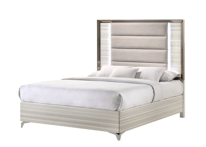 Beige White And Chrome Wood Upholstered Lighted Queen Bed Frame HomeRoots